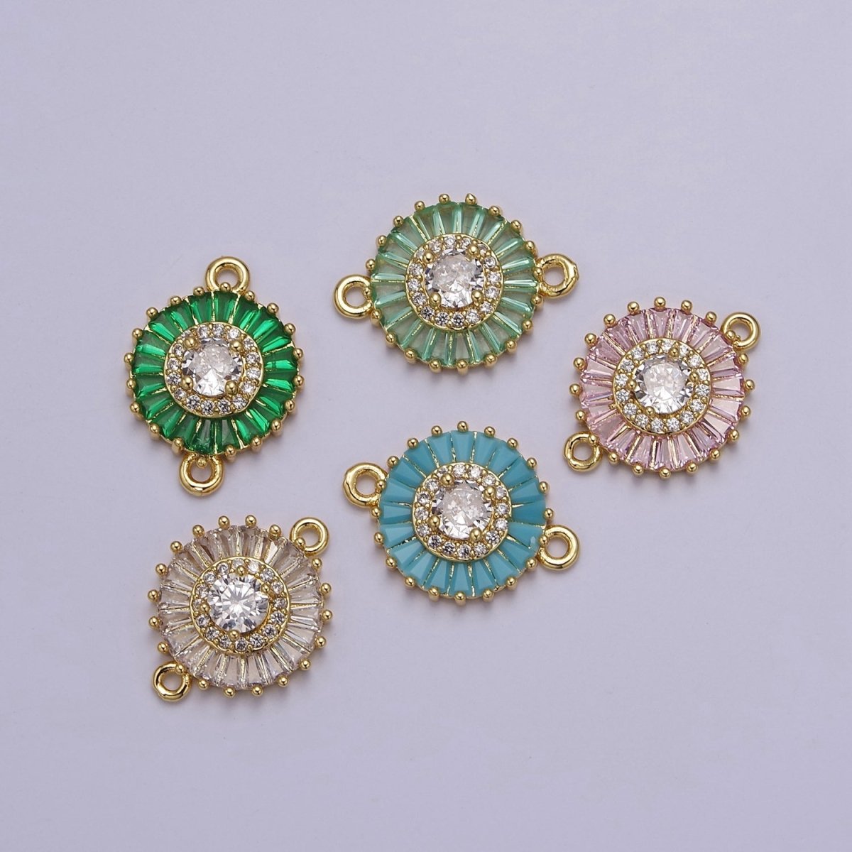 20.6x15.2mm 24k Gold Filled Pave Circle Bracelet Charm, Baguette Stone Bracelet Charm, Two-Hole Round Charm, Pave Sunburs Link Connector F-116 F-117 F-122 F-132 F-155
