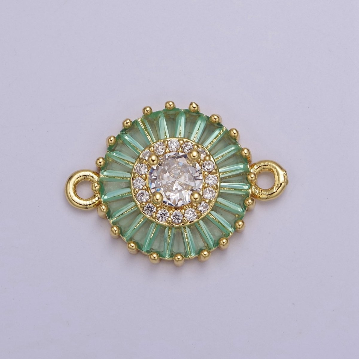 20.6x15.2mm 24k Gold Filled Pave Circle Bracelet Charm, Baguette Stone Bracelet Charm, Two-Hole Round Charm, Pave Sunburs Link Connector F-116 F-117 F-122 F-132 F-155