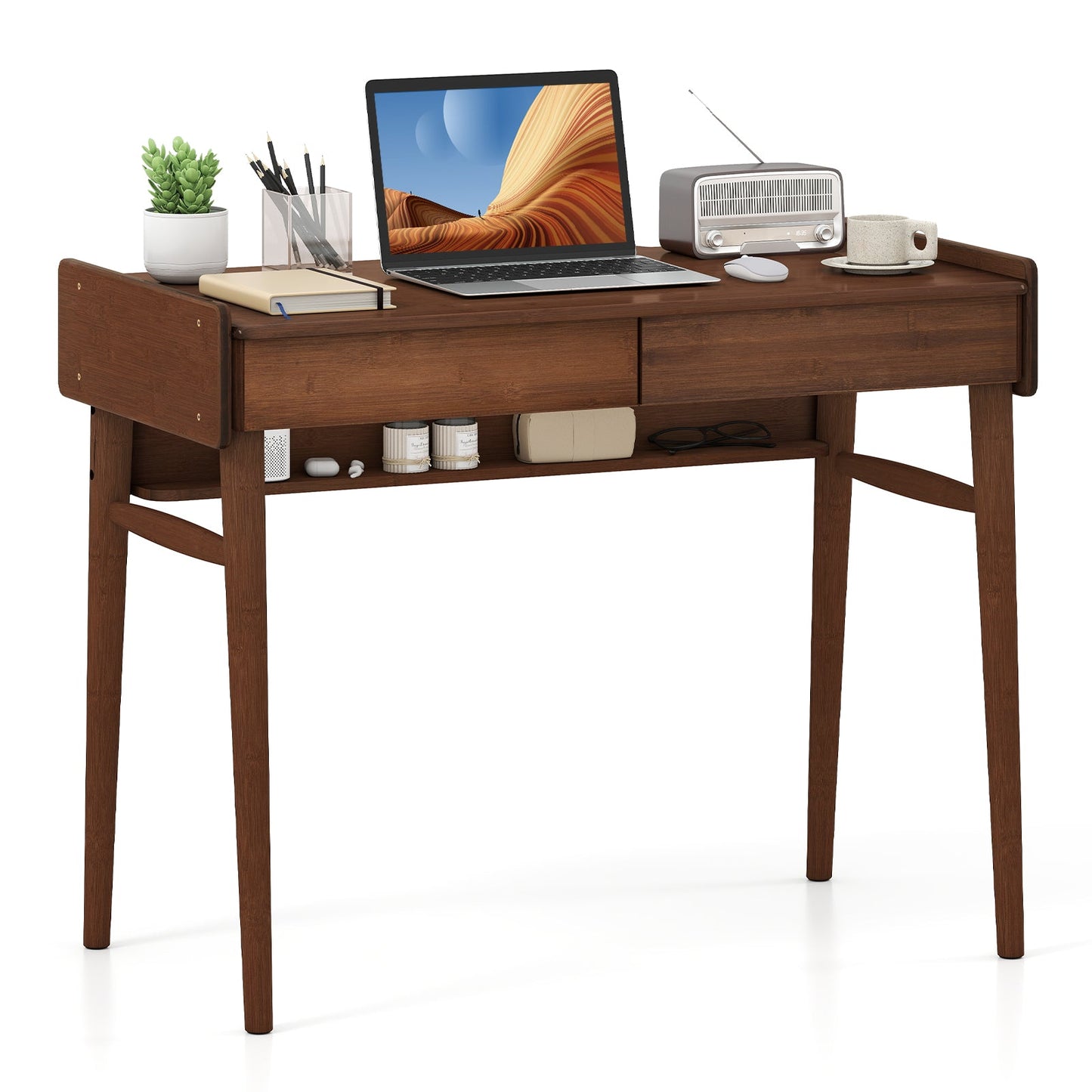 Bamboo Writing Desk with 2 Storage Drawers and Open Shelf