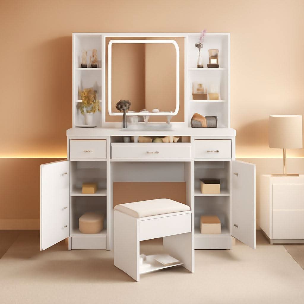 White Premium Vanity Desk Featuring Oversized Mirror