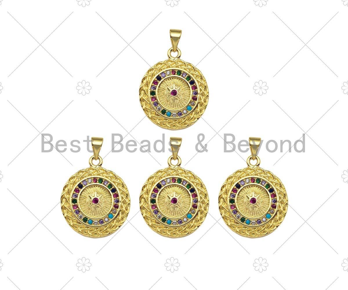 Colorful CZ Micro Pave North Star On Round Coin Shape Pendant,Dainty Gold Medallion Charm,Necklace Bracelet Charm Pendant,19x23mm, Sku#LK223