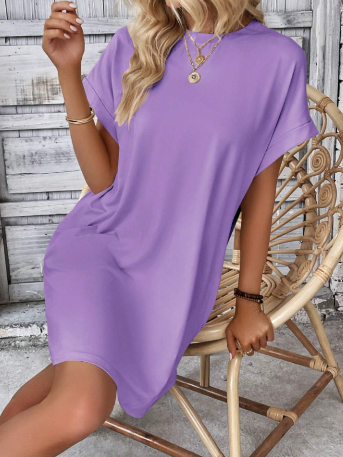Round Neck Short Sleeve Mini Tee Dress with Pockets