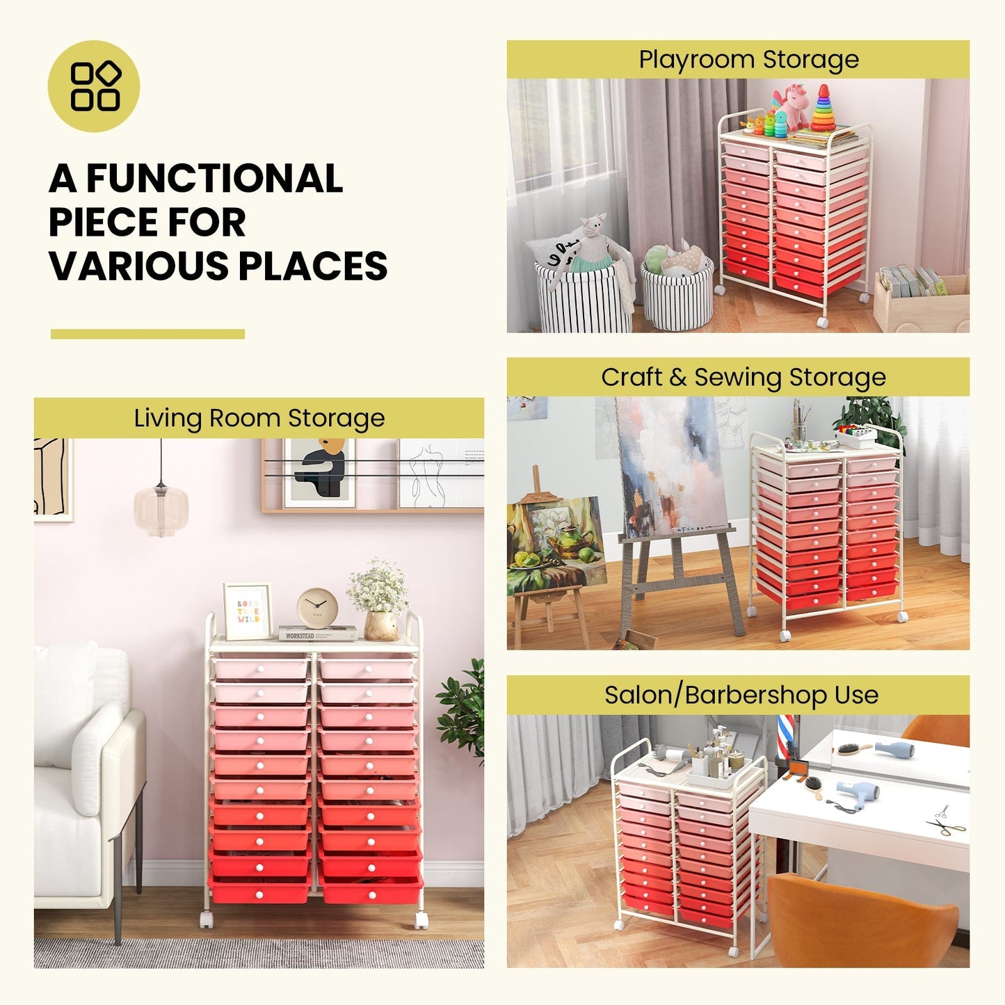 20 Drawers Rolling Storage Cart Studio Organizer-Gradient Pink