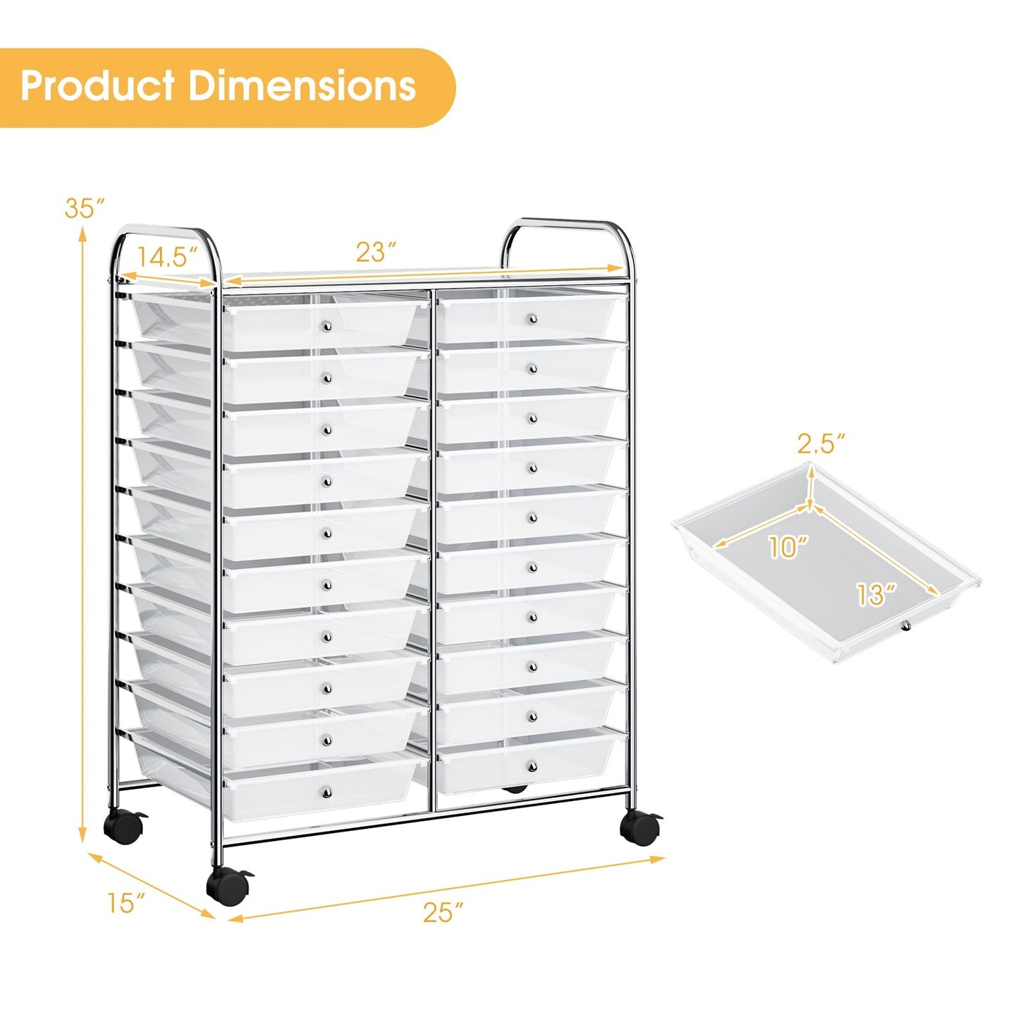 20 Drawers Storage Rolling Cart Studio Organizer-Transparent
