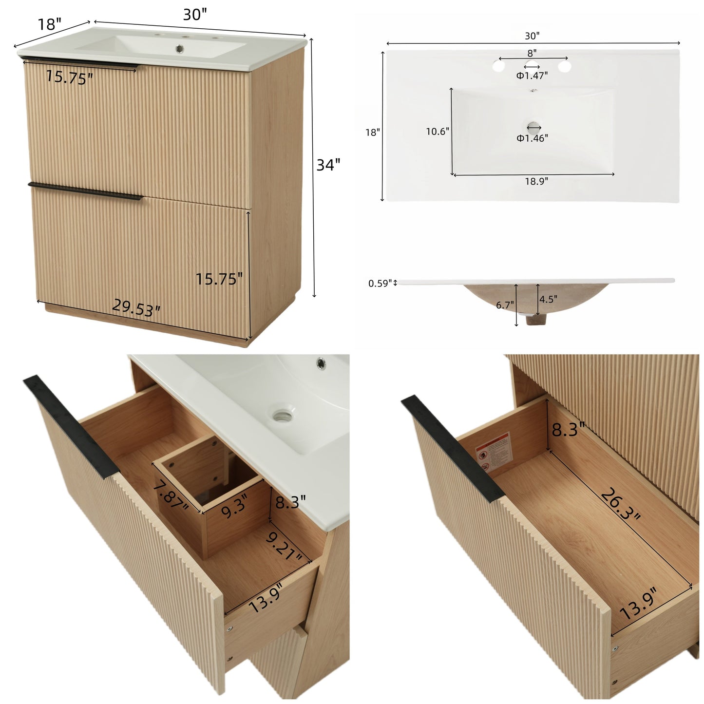 30" Bathroom Vanity with Ceramic Sink and Full-Extension Drawers