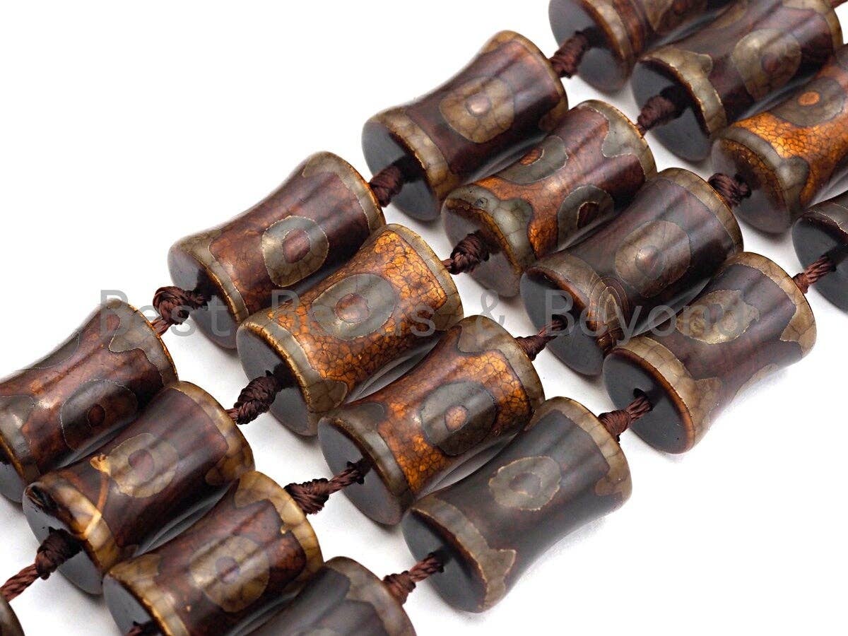 1pc/12pcs Natural Tibetan Agate Spool Beads, Black Brown Dzi Beads, Tibetan Dzi Beads, 15x22mm,sku#U500