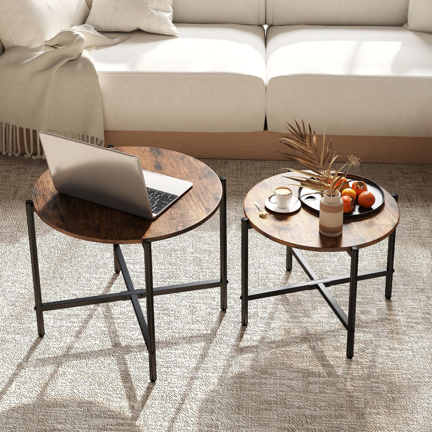 Round Coffee Table Set of 2 with Heavy-Duty Metal Frame