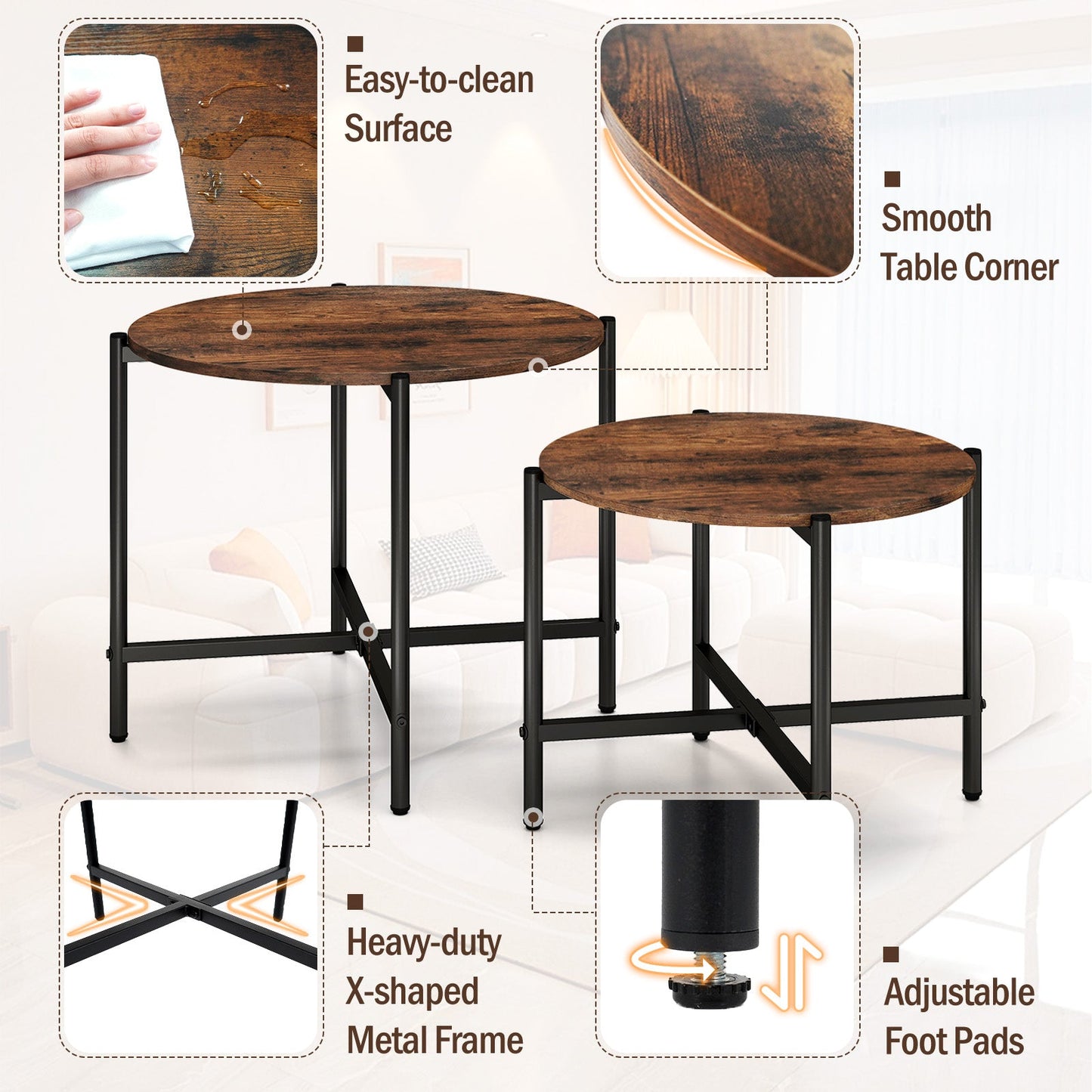 Round Coffee Table Set of 2 with Heavy-Duty Metal Frame