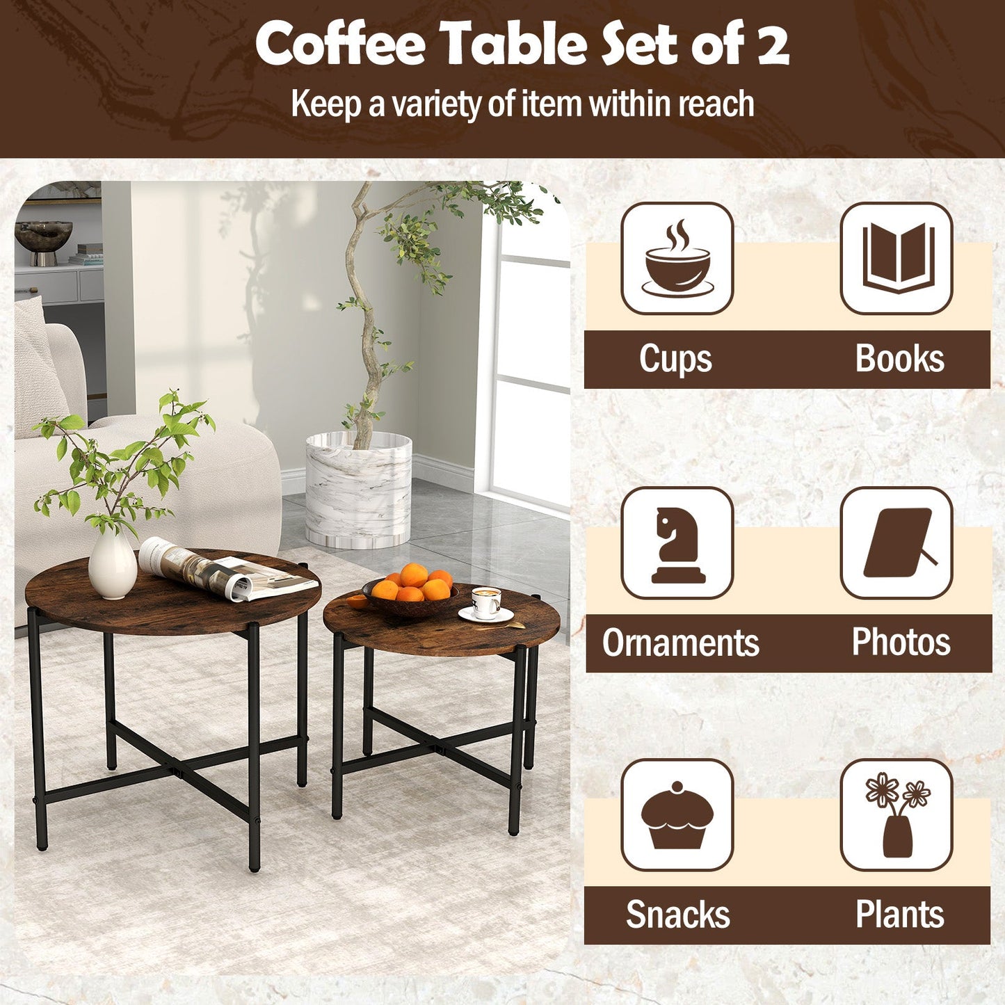 Round Coffee Table Set of 2 with Heavy-Duty Metal Frame