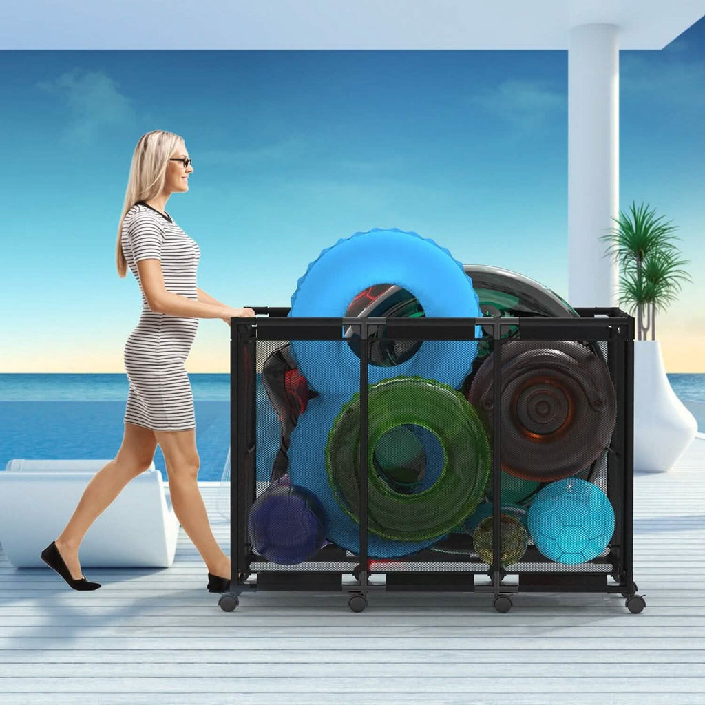 210 Gallon Pool Storage Bin Organizer Rolling Mesh Storage Basket with Lockable Wheels
