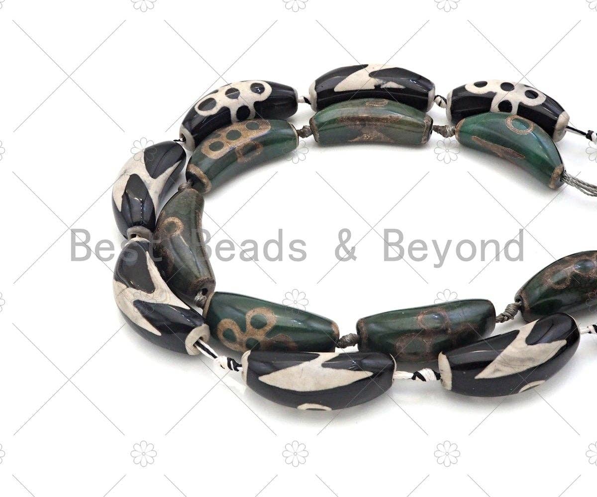Natural Green Black Agate Curve Spacer Beads, Flower Lightning Style Agate Pendant Beads, Tibetan Dzi Beads, 43x16mm, Sku#U1129