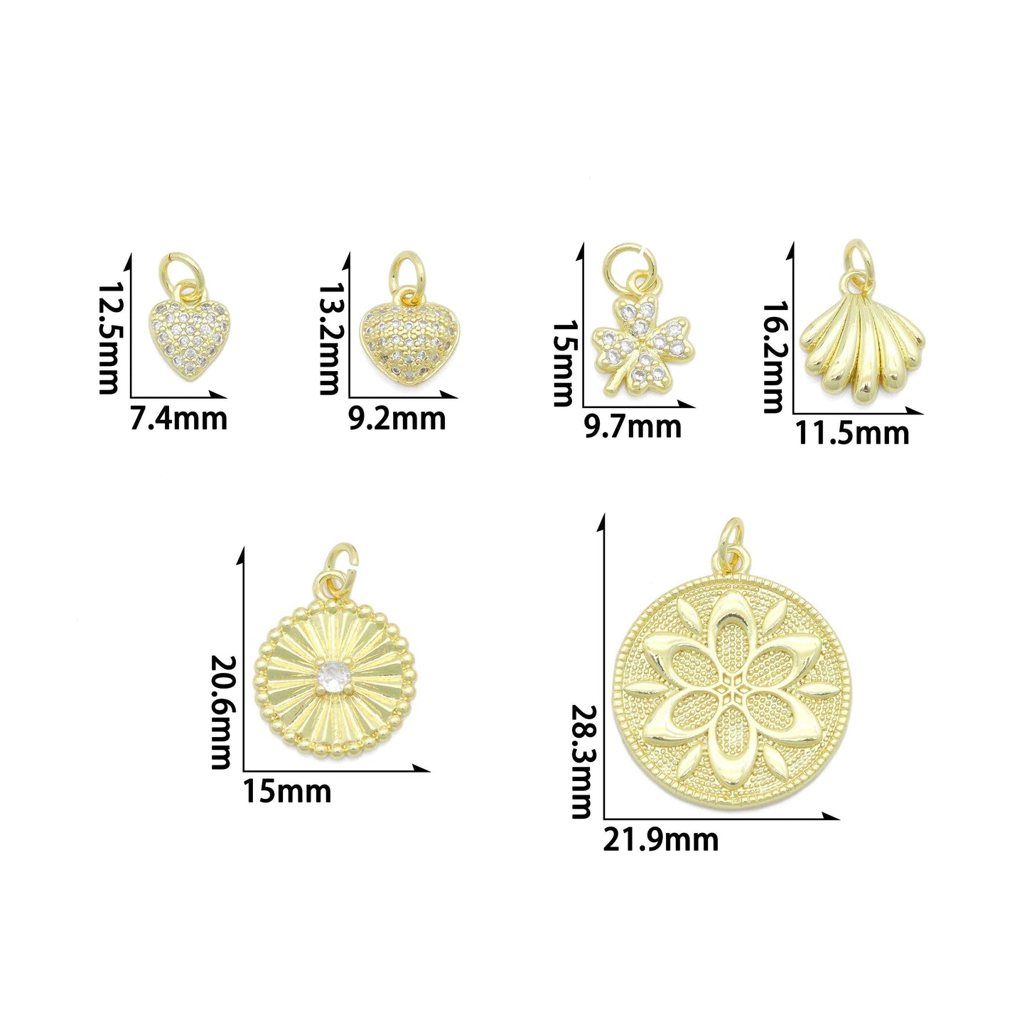 Clear CZ Gold Heart Clover Banana Round Coin Charm Pendant,Sku#LK1254