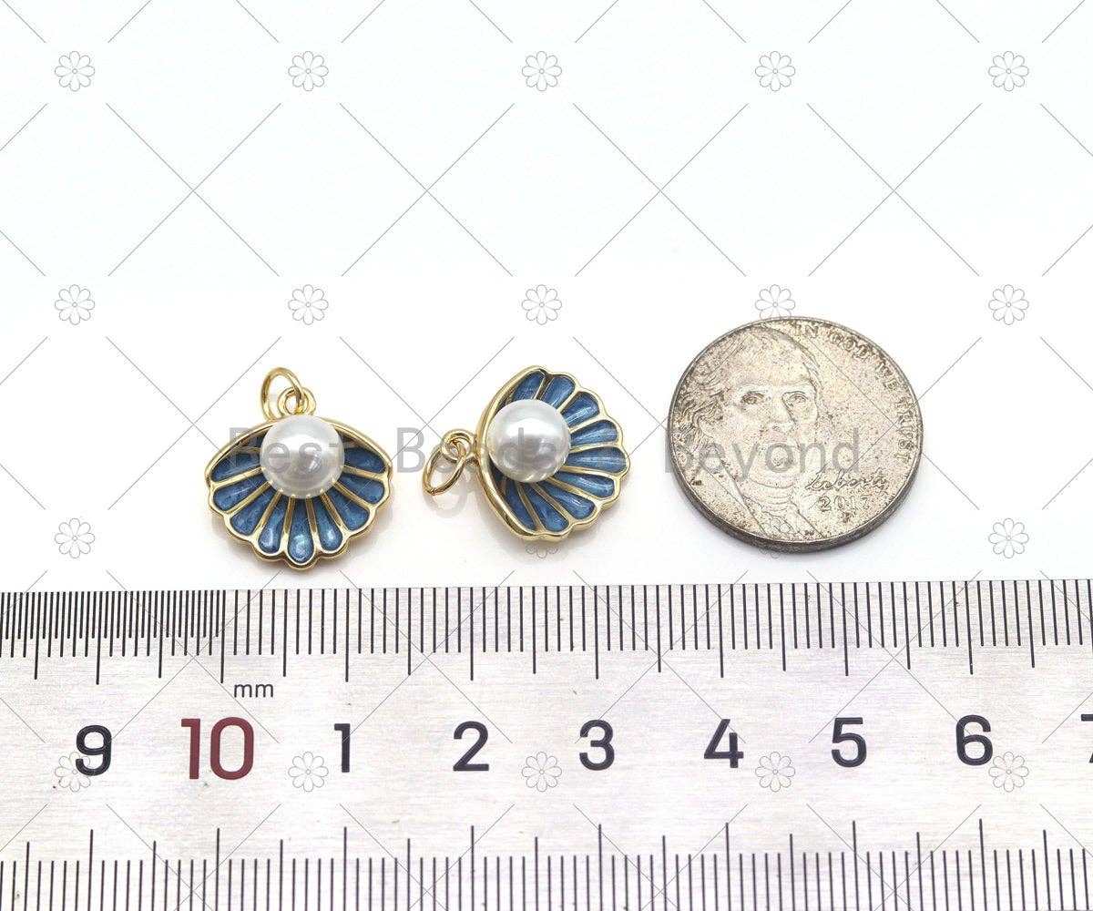 Mother of Pearl On Blue Enamel Shell Shape Pendant, 18K Gold Filled Shell Charm, Necklace Bracelet Charm Pendant,Sku#Y552