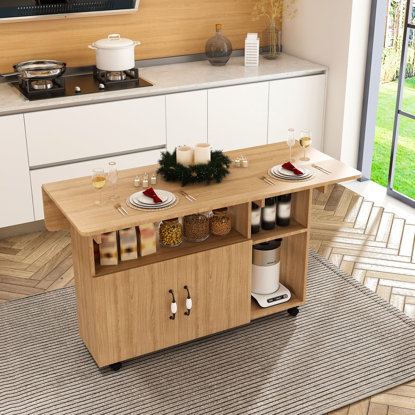 Multi-Functional Folding Table with Storage Shelves and Wheels