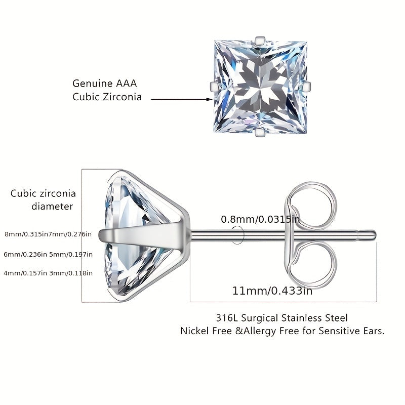 Boucles d'oreilles clous carrées en acier inoxydable 316 avec oxydes de zirconium