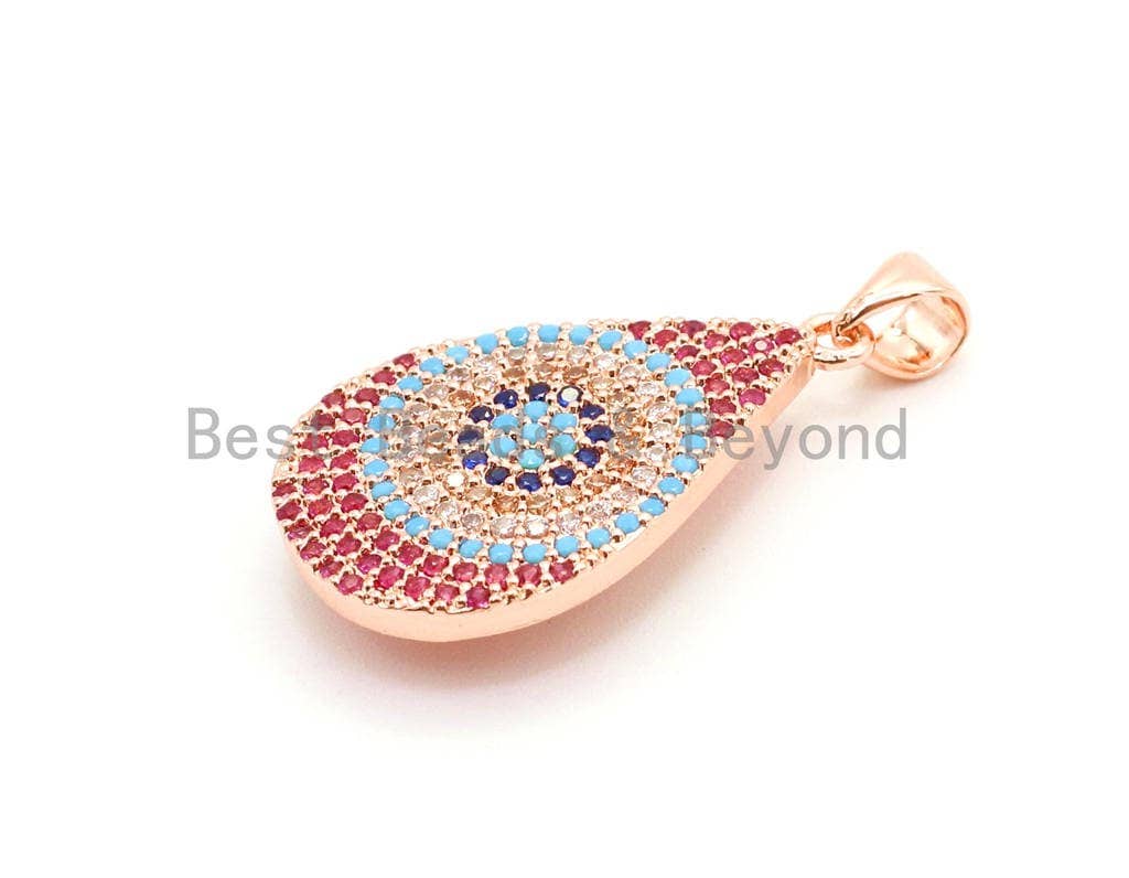 CZ Micro Pave Fuchsia Teardrop Evil Eye Pendant, 16x30mm, sku#F12