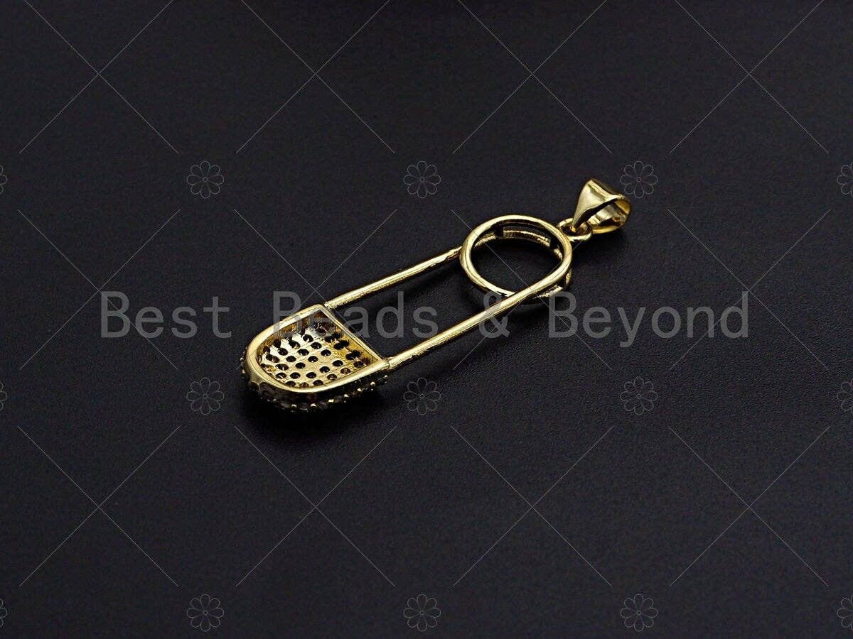 Clear CZ Micro Pave Safe Pin Shape Pendant, CZ Micro Pave Safe Pin pendant, Gold Pave pendant, 11x37mm, sku#LK17