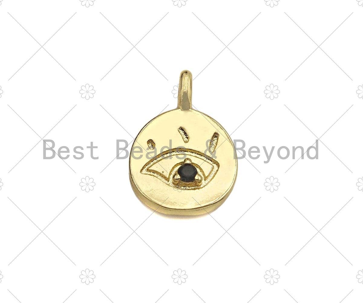 Black CZ Micro Pave Evil Eye On Round Coin Shape Charm, 18K Dainty Gold Medallion Charm, Necklace Bracelet Charm Pendant,14x19mm, Sku#LK252