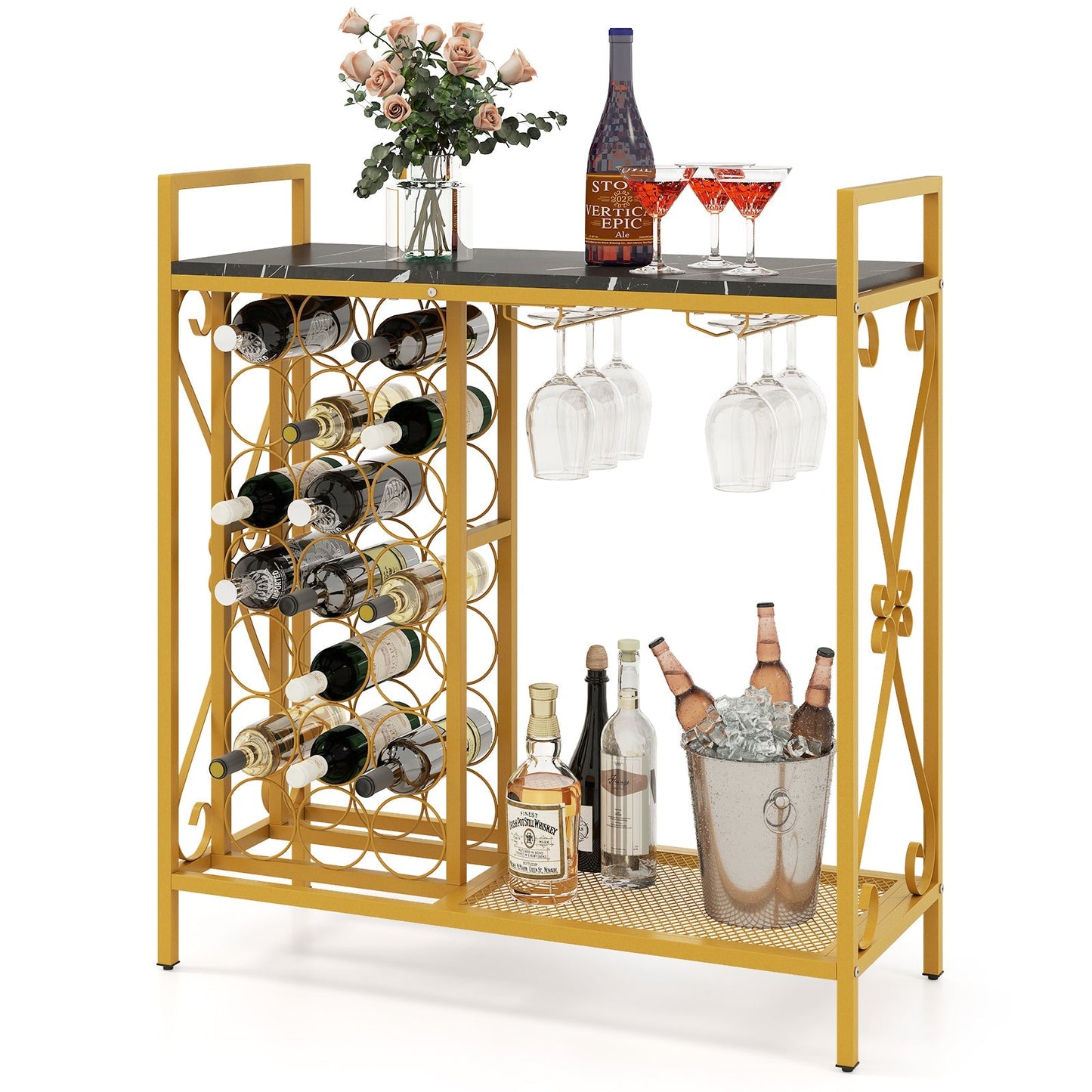 21 Bottle Wine Rack Freestanding Floor Wine Bottle Organizer with Glass Holder