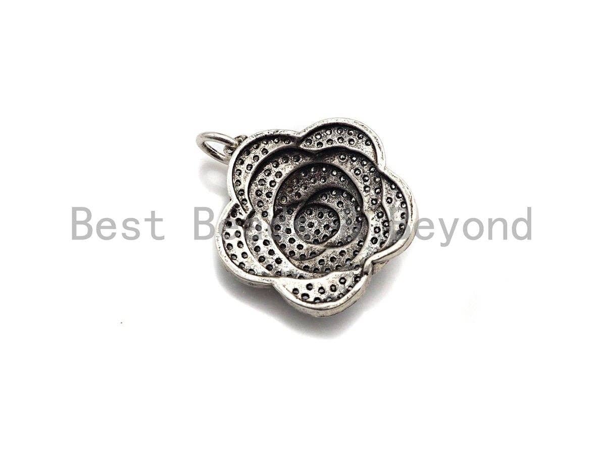 CZ Micro Pave Rose Flower Shape Pendant, Antique Silver Tone, Cubic Zirconia Pave Flower Charm Pendant, 23x25mm,sku#F1029C