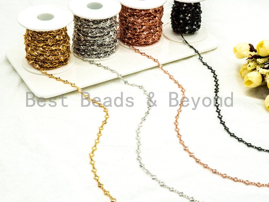 1 Foot/Yard-CZ Beaded Chain-4mm Diamond Shape CZ Beads-Gold Silver Rose Gold Gunmetal Plated Bezel Chain,Bezel Connector Beads,sku#E365