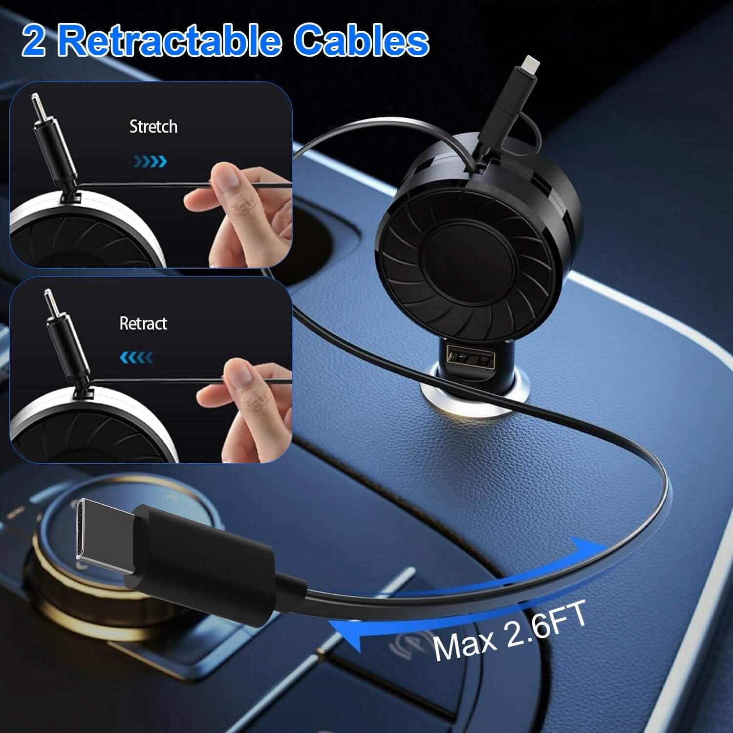 Chargeur de téléphone de voiture rétractable 3-en-1 21W