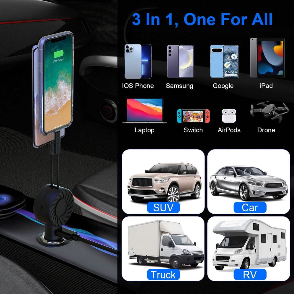 Chargeur de téléphone de voiture rétractable 3-en-1 21W