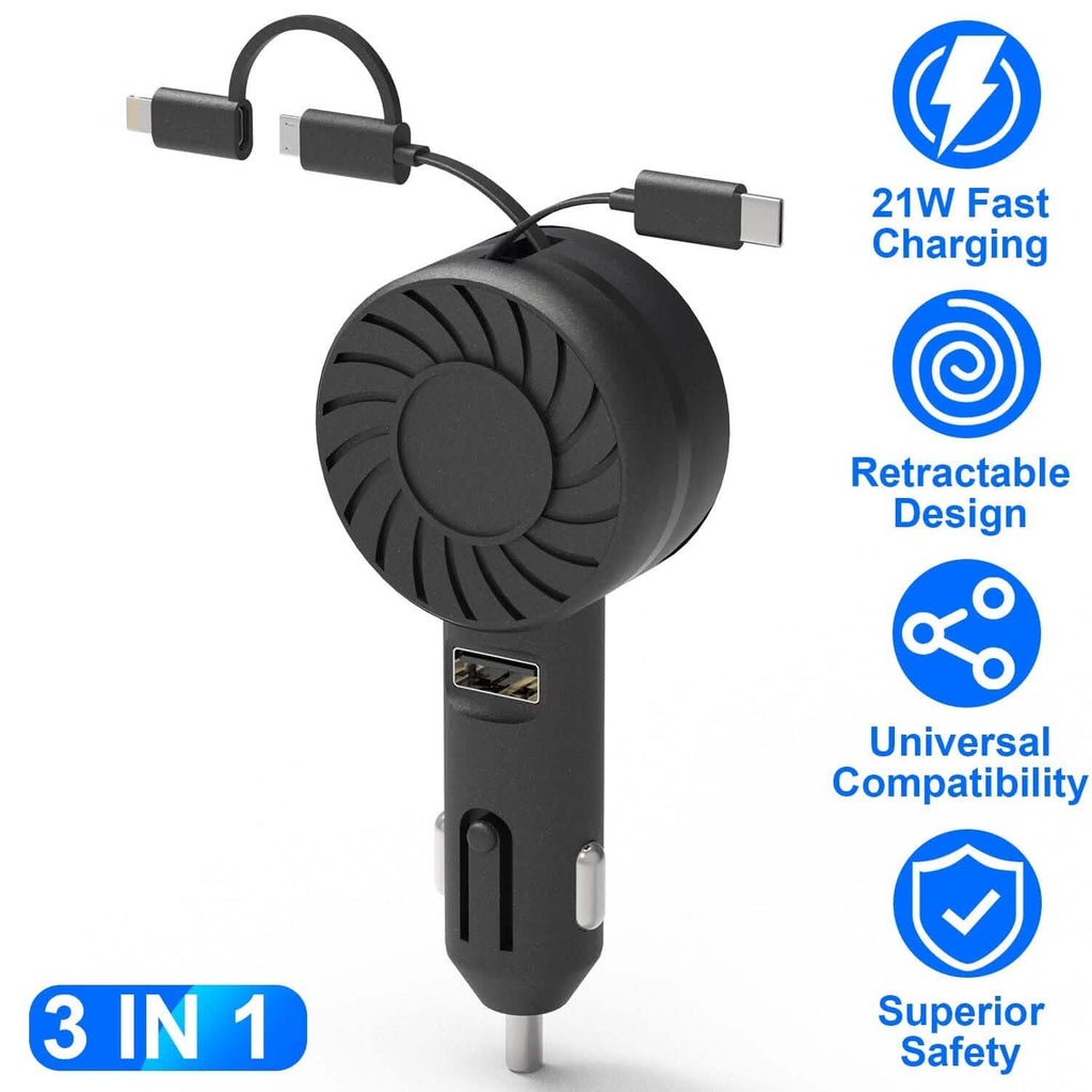 Chargeur de téléphone de voiture rétractable 3-en-1 21W