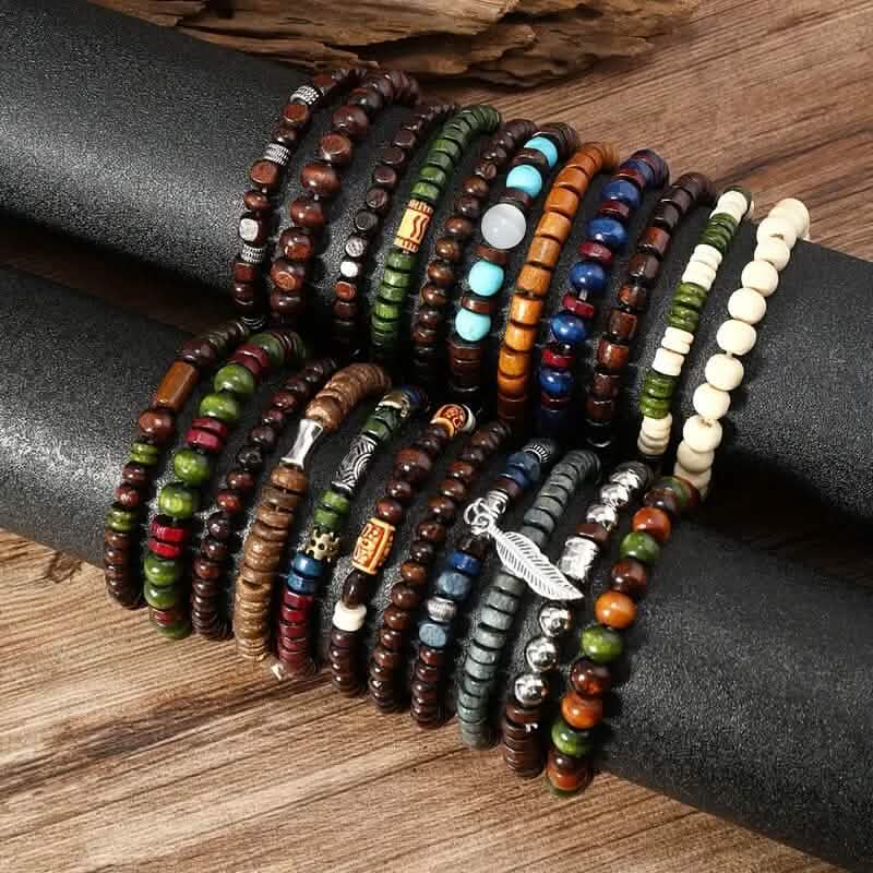 Lot de 22 bracelets en perles de bois style bohème vintage