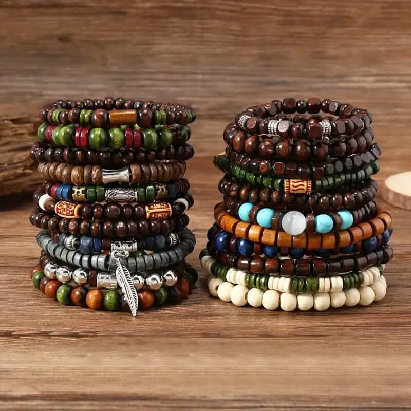 Lot de 22 bracelets en perles de bois style bohème vintage