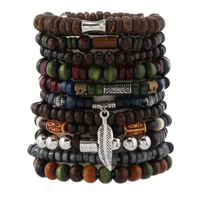 Lot de 22 bracelets en perles de bois style bohème vintage