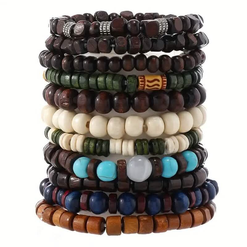 Lot de 22 bracelets en perles de bois style bohème vintage