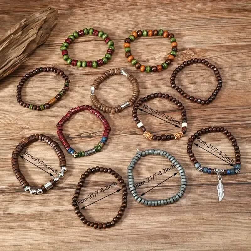 Lot de 22 bracelets en perles de bois style bohème vintage