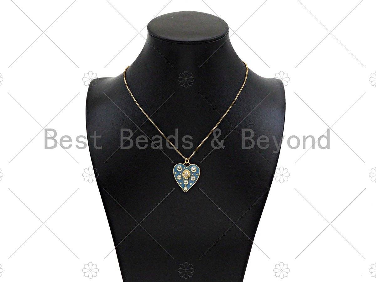 Blue Enamel Heart with Big Clear CZ Pendant,CZ Micro Pave Enamel Charm, Enamel Jewelry, 26x23mm, Sku#LK319