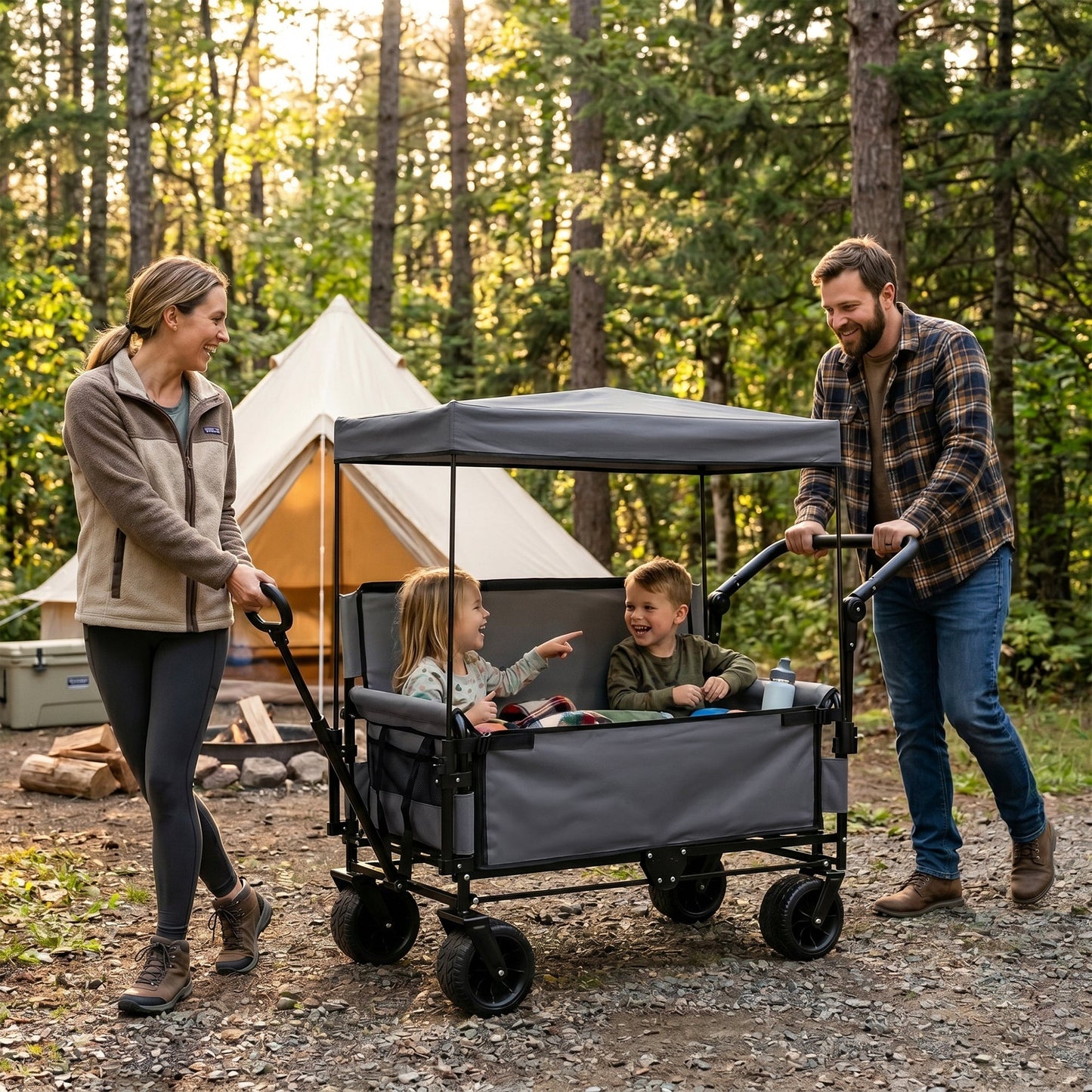 3-in-1 Folding Wagon Cart with Bench Seat & Canopy