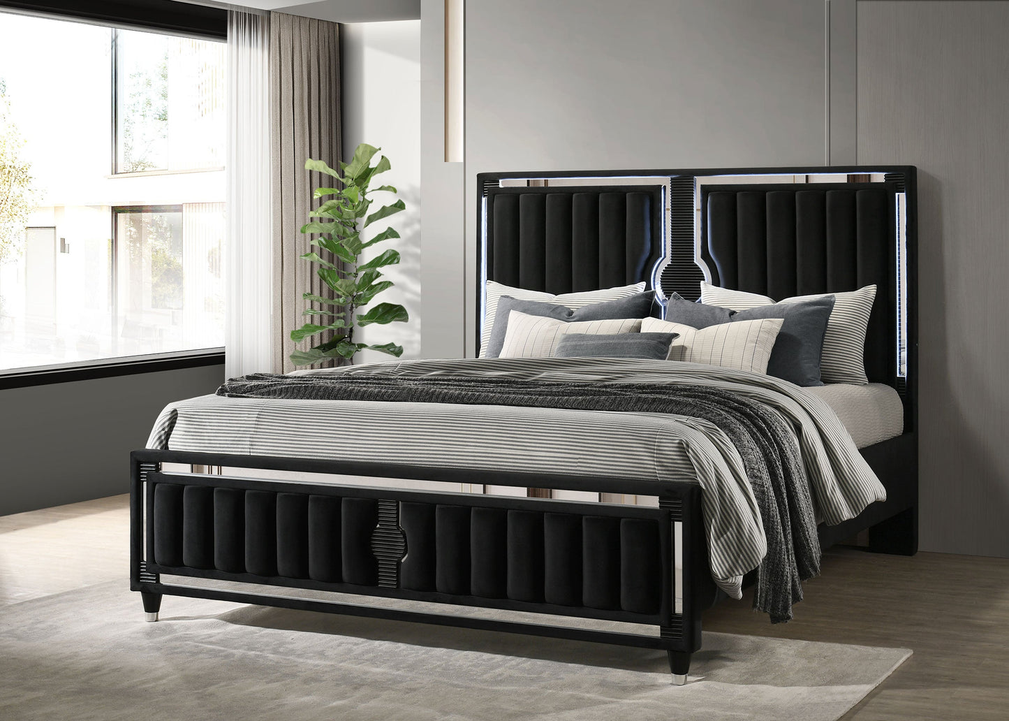 Ravenne Velvet Upholstered California King LED Panel Bed Black