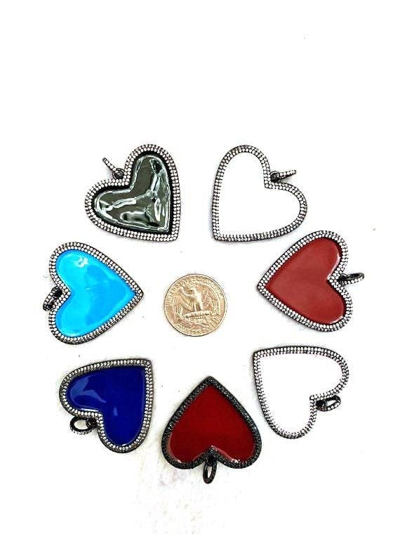 38mm Large Enamel Colored heart Pendant, Gold/Rose gold/Black/Silver, CZ Micro Pave Oil Drop Heart pendant,Enamel Jewelry,sku#F598