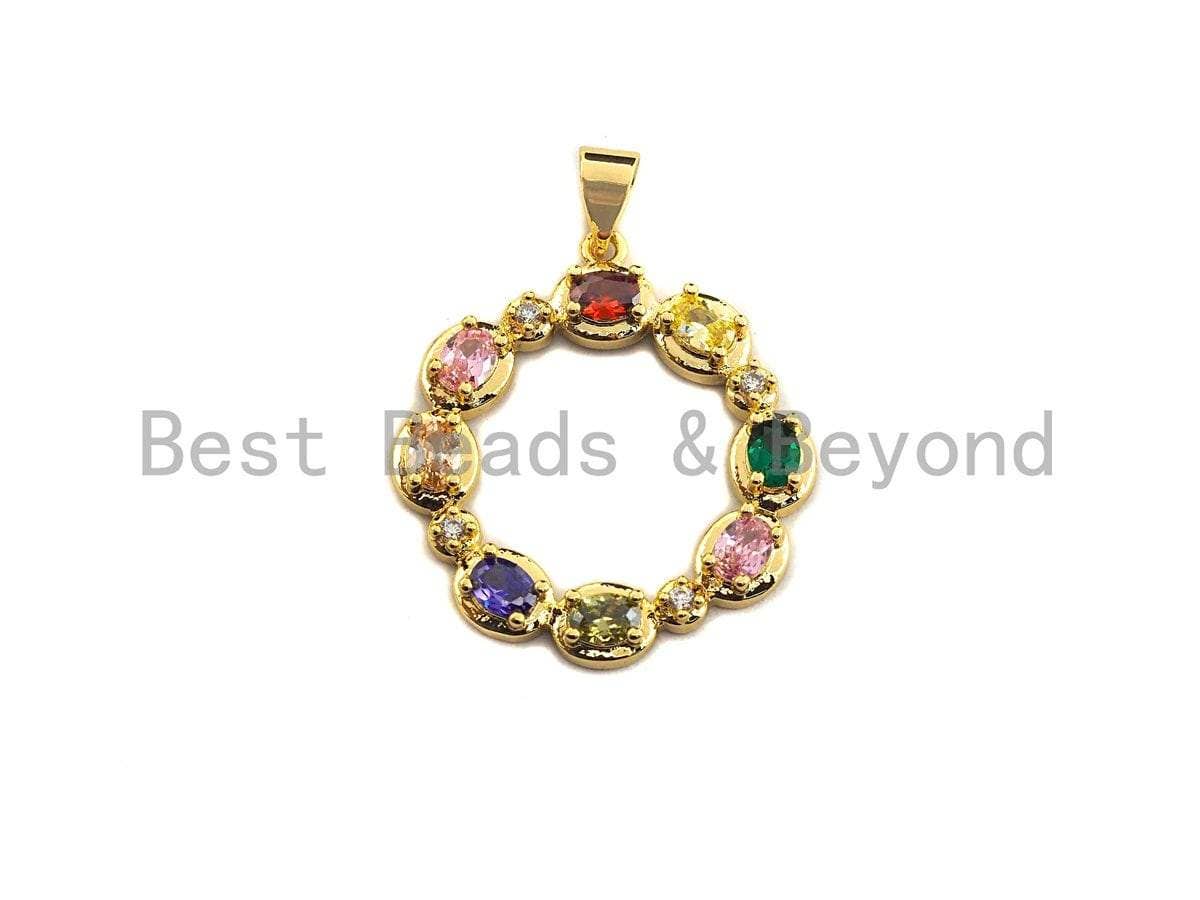 CZ Colorful Micro Pave Hollow out Round with Baguette CZ Pendant, Ring Shaped Pave Pendant, Gold plated, 24x27mm, Sku#F953