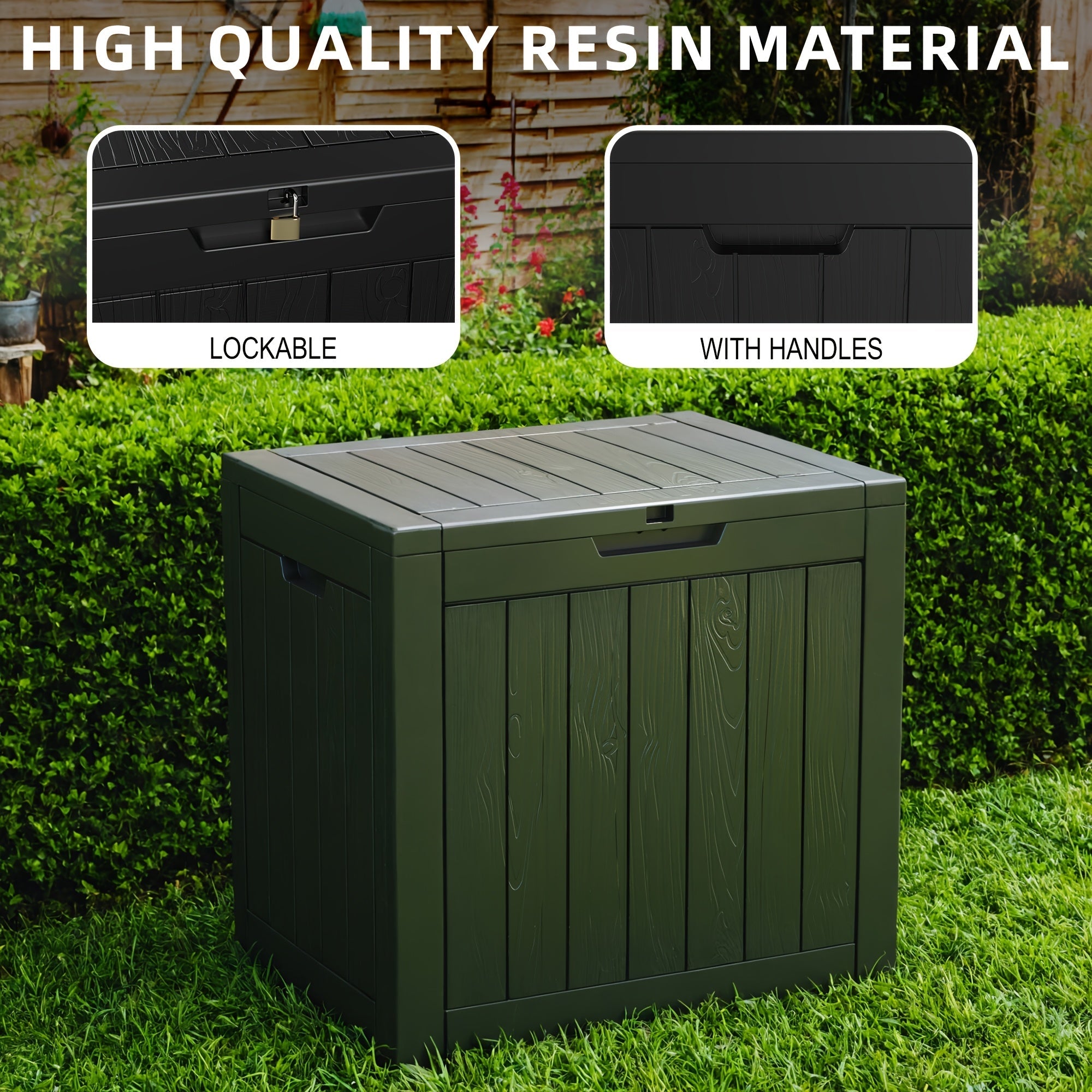 Boîte de rangement extérieure en résine de 35 gallons – Noir/Grain de bois