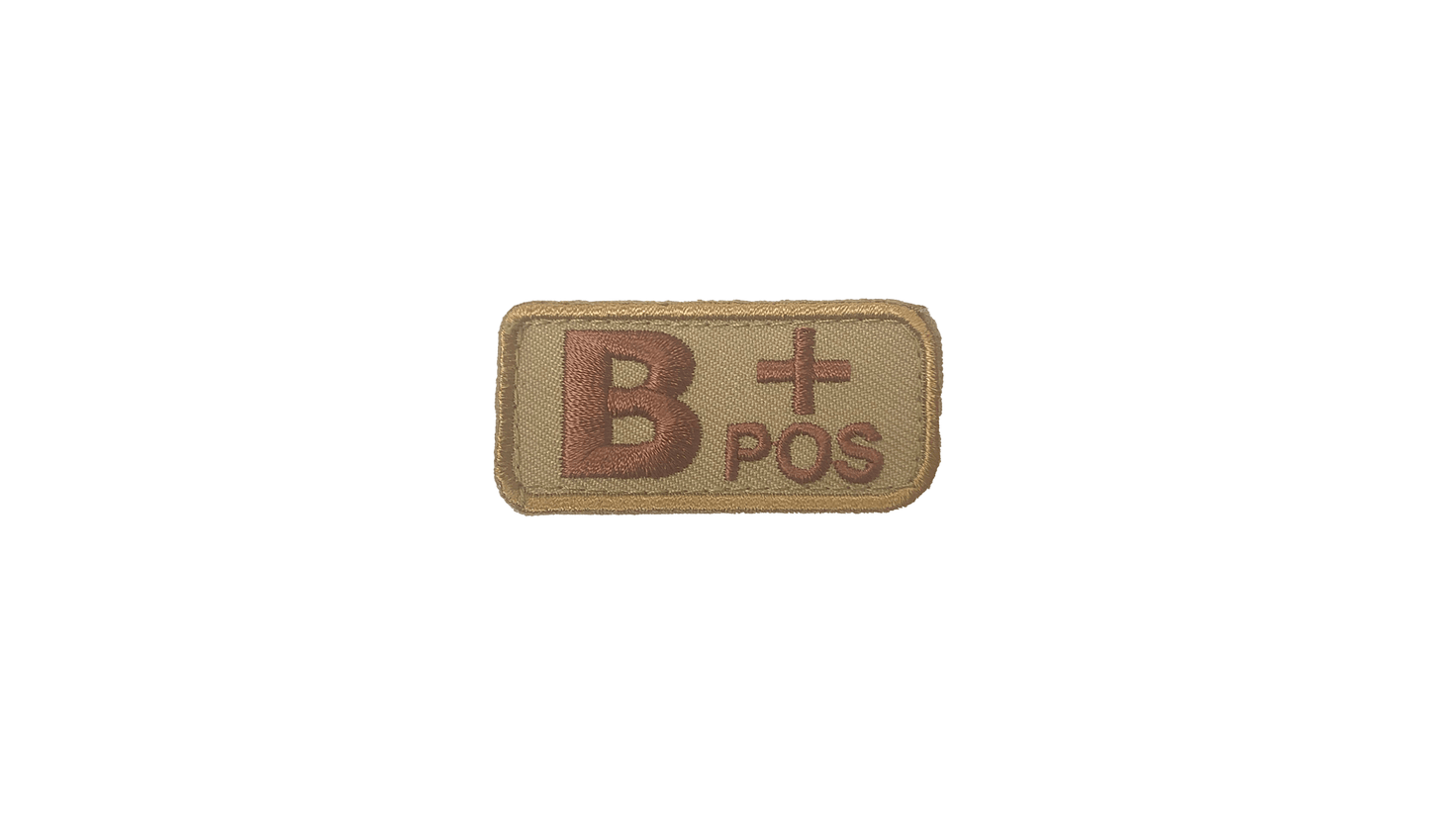 B+ Blood Type Patch Desert  W/ Brown Letters W/ Hook Fastener