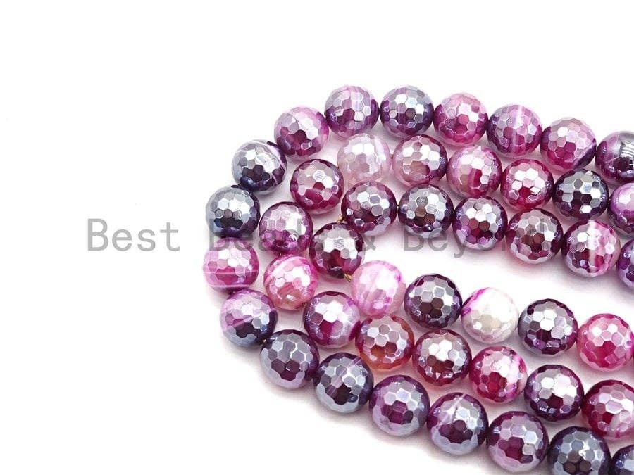 Mystic Plated Fuchsia Pink Faceted Agate Beads,6mm/8mm/10mm/12mm, Plated Fuchsia Agate Beads,15.5" Full Strand, SKU#U440