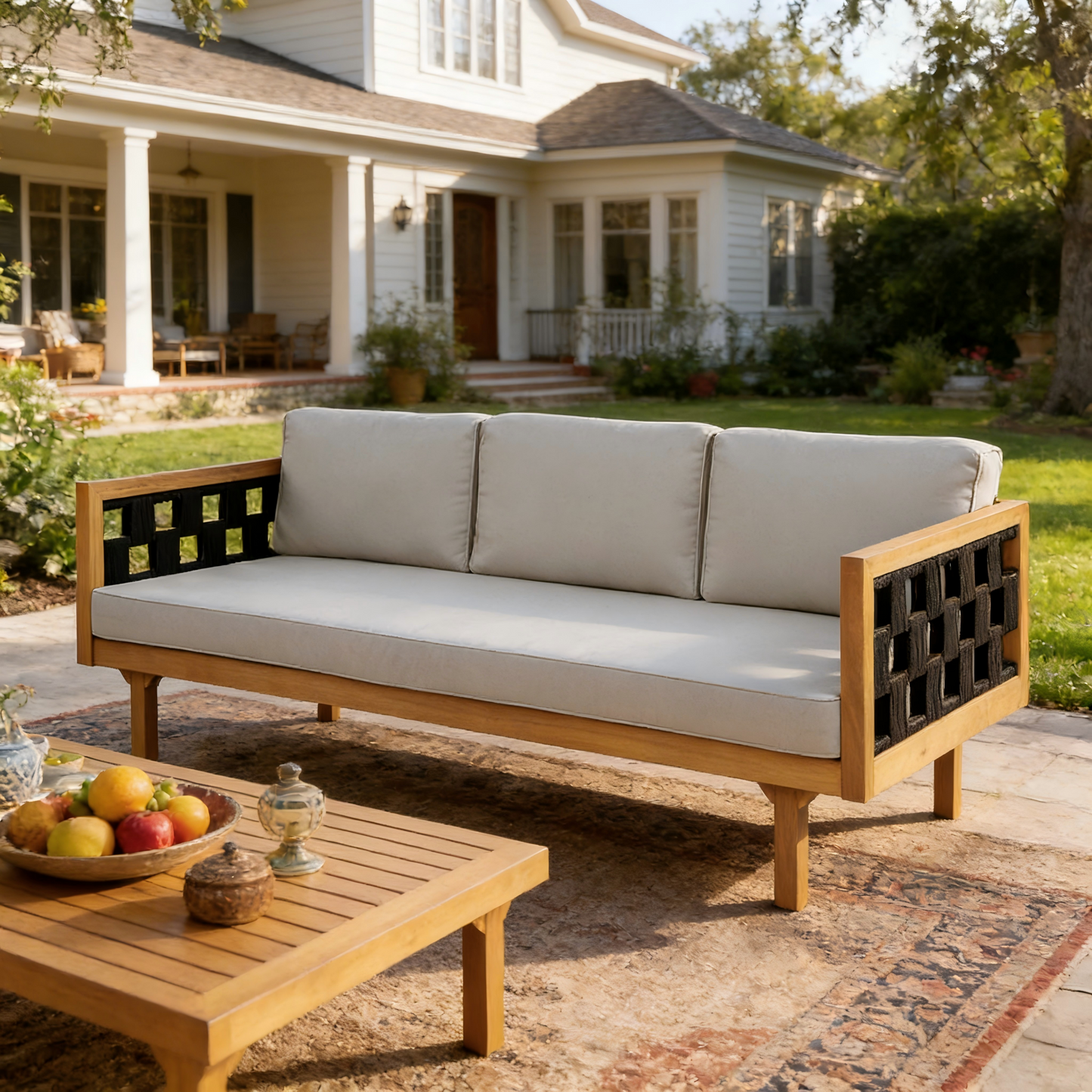 Three-Seater Outdoor Daybed - Acacia Wood Teak Finish Frame with Light