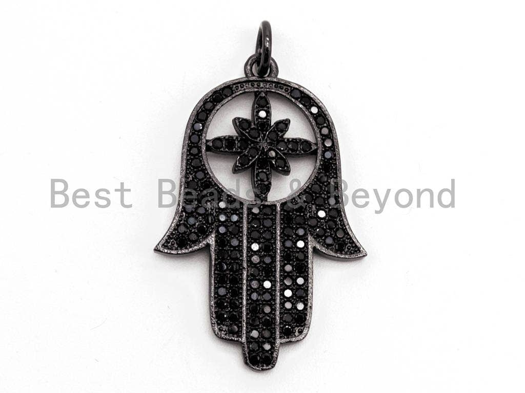 Black CZ Pave On Black Micro Pave Hamsa Hand with Flat Square Bail Pendant, CZ Pave Pendant, 22x34mm, sku#F379