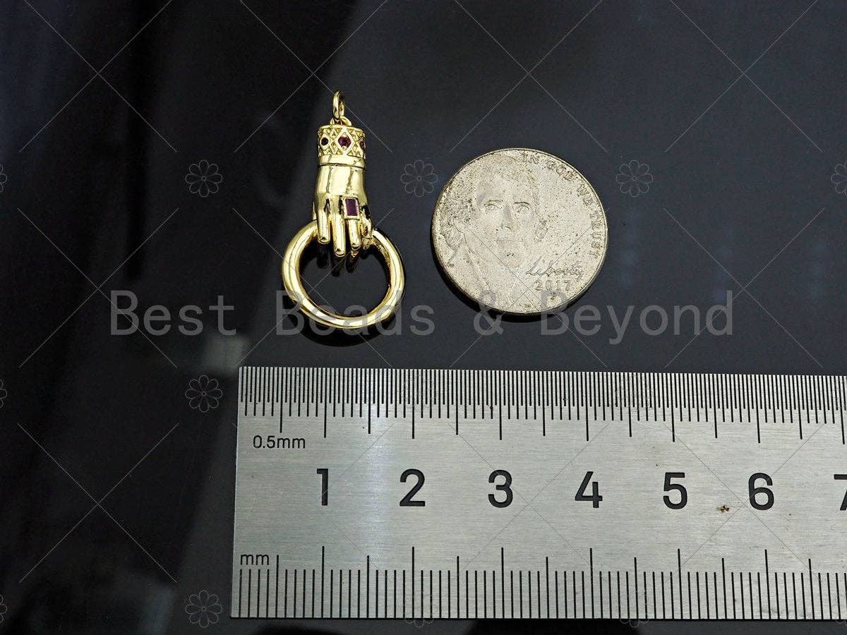 Gold Filled Fuchsia CZ Micro Pave Hand Grabing Round Ring Shape Pendant,18K Gold Filled Charm, Necklace Bracelet Pendant, 28x15mm,Sku#Z1369