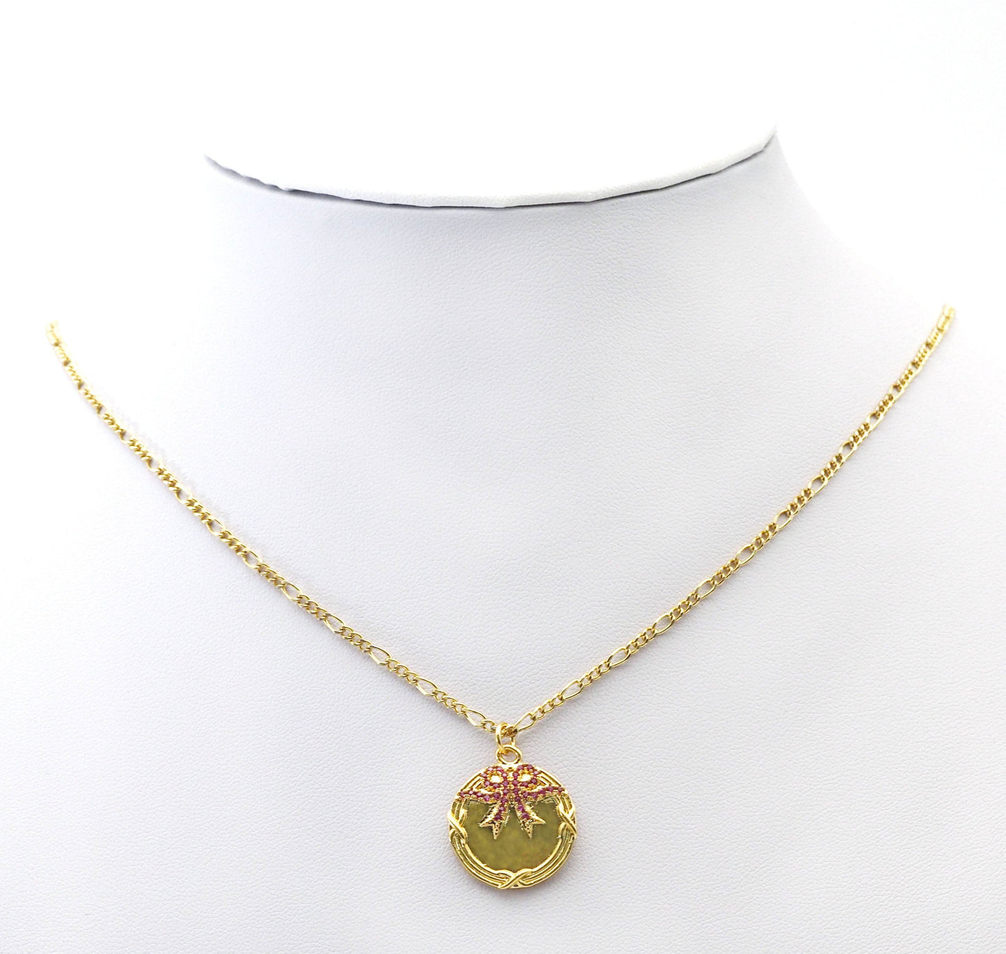 Fuchsia CZ Bowknot On Round Medallion Coin Charm, Sku#LK758