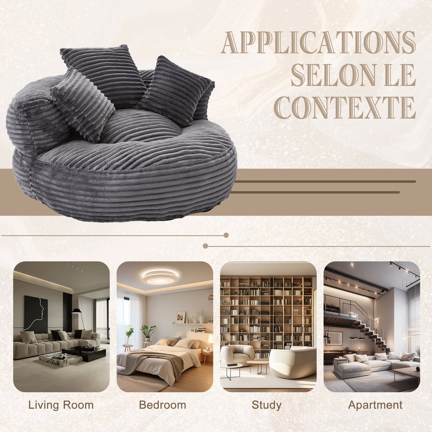 Single Bean Bag Chair with Pillows & Armrest