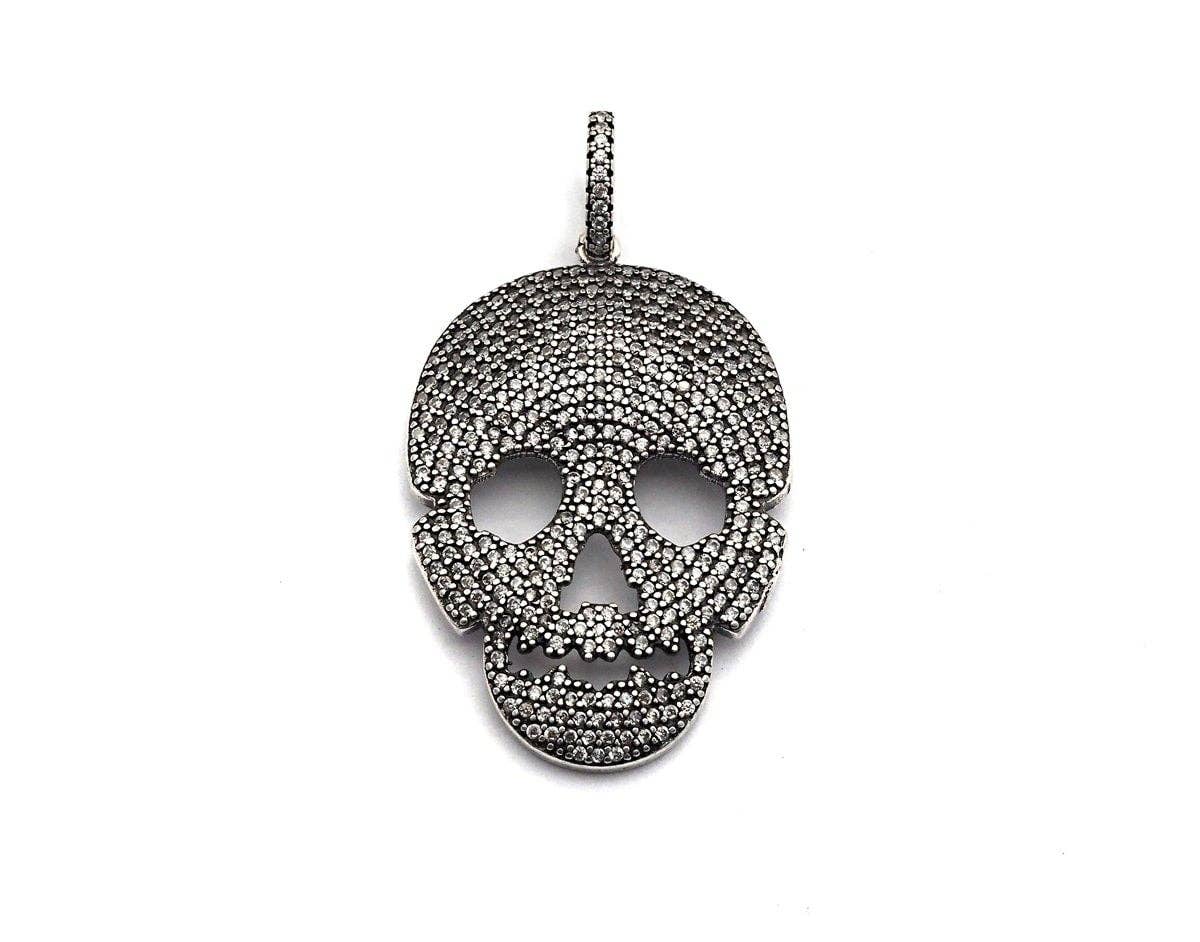 CZ Micro Pave Skull Pendant, Antique Finish Silver Tone, Clear Cubic Zirconia Big Pave Skull Charm Pendant,26x40mm, sku#F986