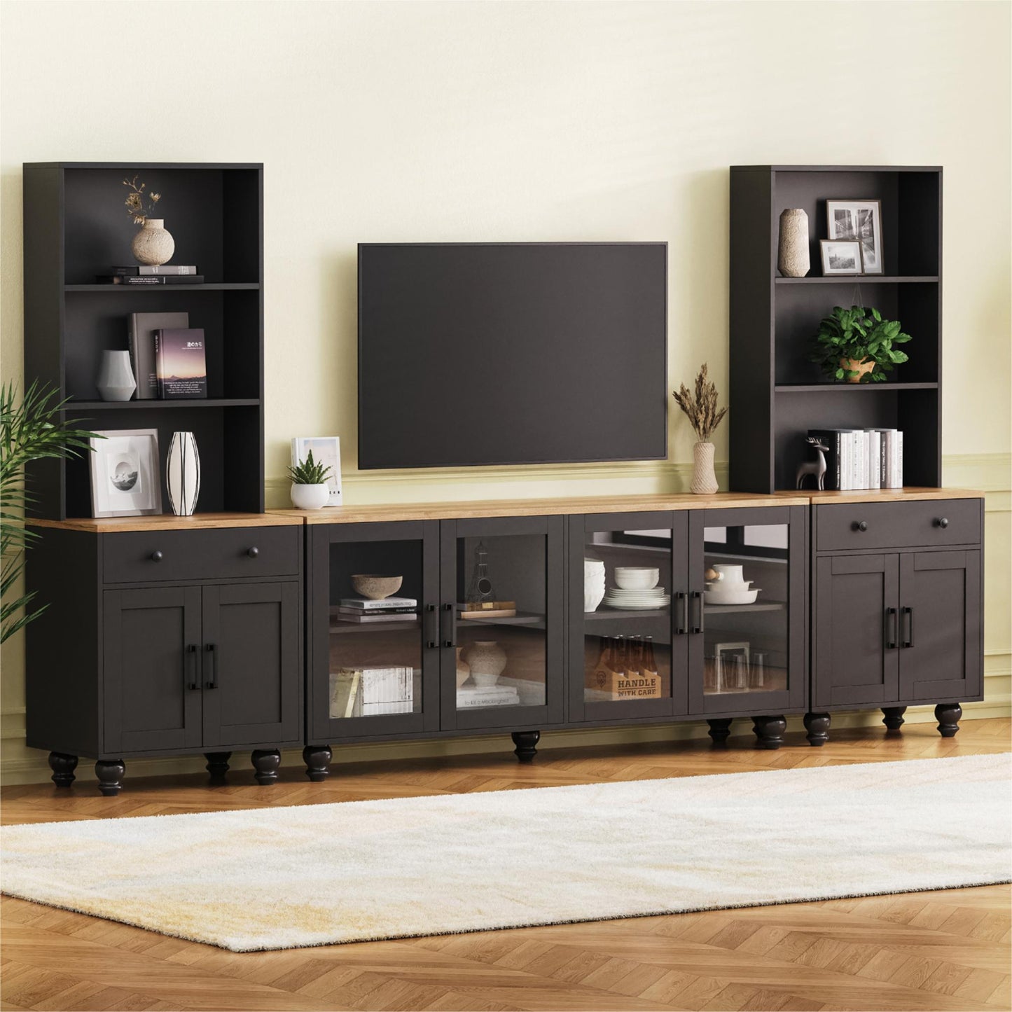 ON-Trend Farmhouse TV Stand with Solid Wood Gourd-Shaped Legs