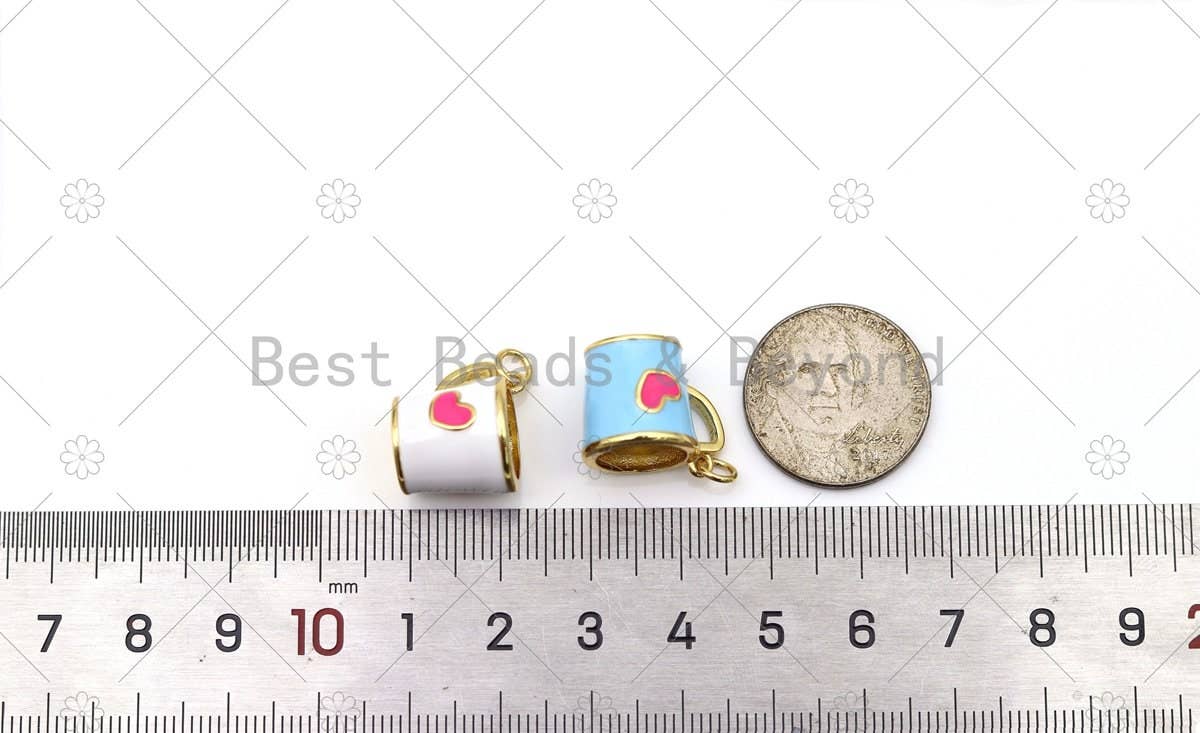 Gold Heart on Colorful Enamel Coffee Cup Shape Pendant, 18K Gold Filled Cup Charm,Necklace Bracelet Charm Pendant, 17x14mm,Sku#LK492