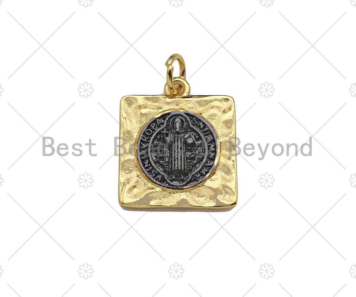 Jesus with Cross on the Other Side Square Shape Pendant,Silver with Gold/Gold with Black Charm,Necklace Bracelet Charm,15x17mm,Sku#Z1311